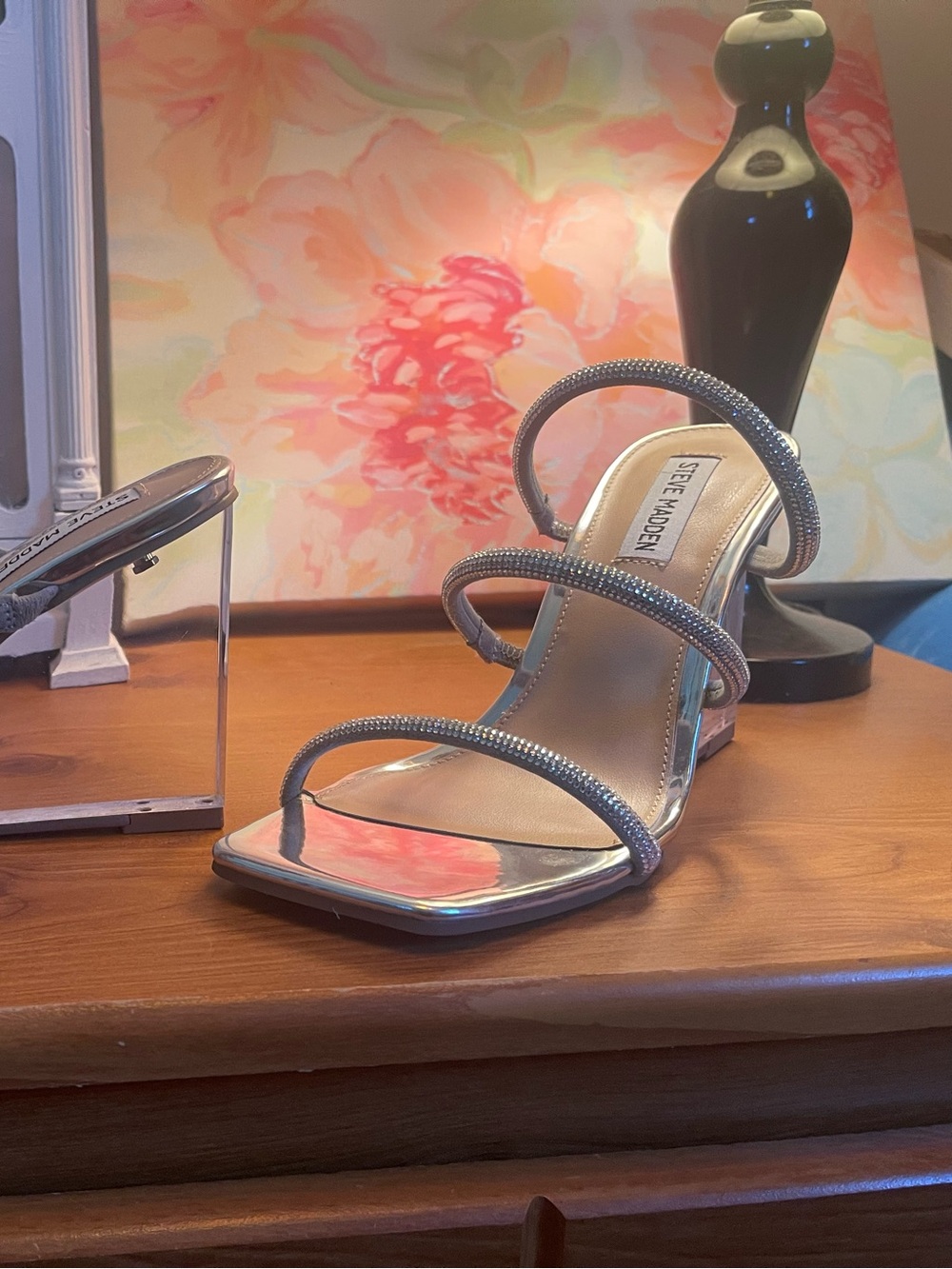 Steve Madden Metallic Silver Crystal-Strap Heeled Sandal